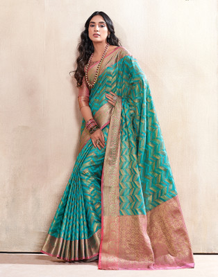 Samah Woven, Embellished, Self Design Banarasi Cotton Blend Saree(Green, Purple)