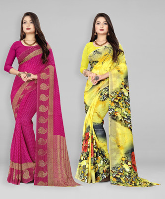 kashvi sarees Printed Daily Wear Georgette Saree(Pack of 2, Purple, Yellow)