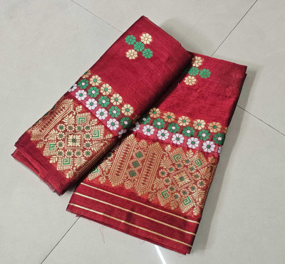 Garbguru Woven Mekhela Chador Pure Cotton Saree(Maroon)