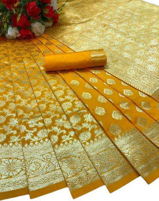 HouseOfCommon Solid/Plain Banarasi Silk Blend Saree(Mustard)