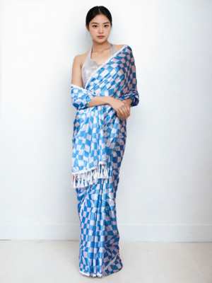 Pandadi Saree Checkered Bollywood Silk Blend Saree(White, Blue)