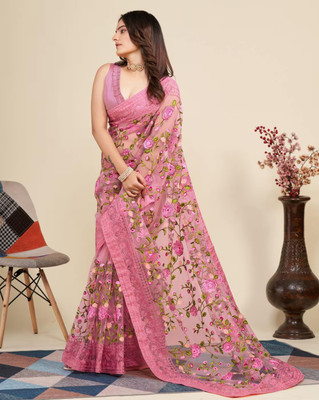 Vinayak Textile Embroidered Bollywood Net Saree(Pink)