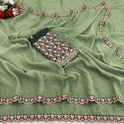 K 5 FASHION Embroidered Bollywood Chiffon Saree(Light Green)