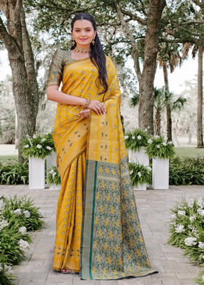 Houri Fab Woven Banarasi Cotton Silk Saree(Yellow)