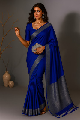 Sijileen Solid/Plain Banarasi Satin, Silk Blend Saree(Blue)