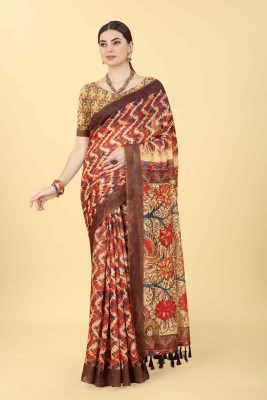 Divastri Printed Kalamkari Cotton Blend Saree(Multicolor)