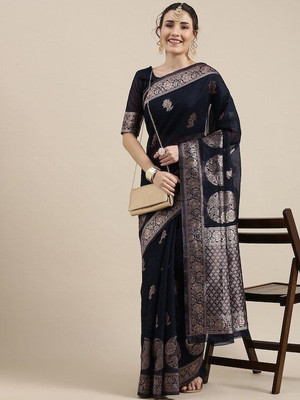 Soor Panchi Woven Banarasi Cotton Linen Saree(Black)