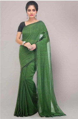 BRYNBRIT Self Design, Temple Border Handloom Cotton Blend Saree(Red)
