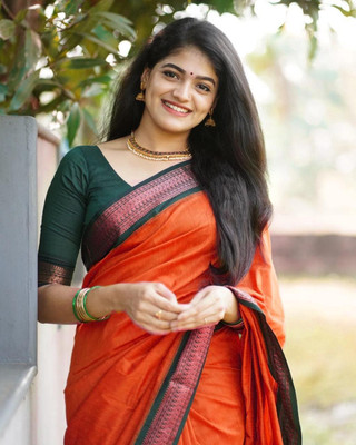 Fashion Club Collection Woven Maheshwari Cotton Silk Saree(Orange)
