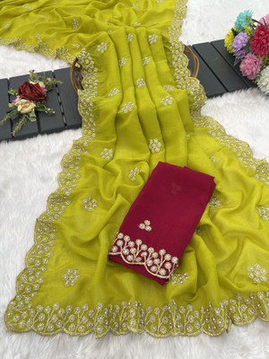 V AMAN FASHION Solid/Plain, Self Design Bollywood Chiffon Saree(Yellow)