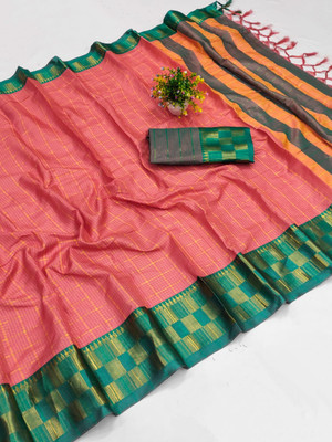 VRINDITA FASHION Embellished, Dyed, Checkered Bollywood Pure Silk, Cotton Silk Saree(Pink)