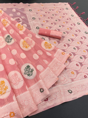 Bhavya Laxmi Textiles Woven Banarasi Cotton Linen Saree(Orange)