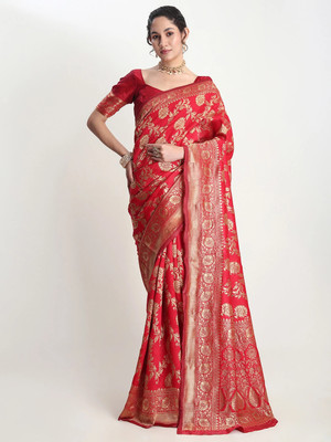 Janasya Woven Banarasi Silk Blend Saree(Red)