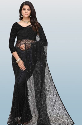 SwiftStyle Solid/Plain Bollywood Net Saree(Black)
