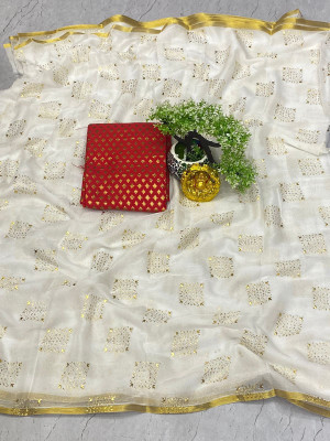 Desi Style Embellished Daily Wear Net, Chiffon Saree(White)