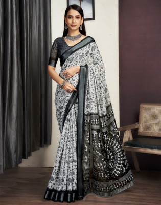 Samah Printed, Floral Print, Embellished Tant Cotton Blend Saree(Grey, Black)