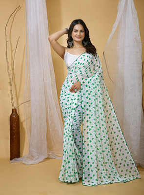 CLOTHFLY CREATION Printed, Polka Print Bollywood Georgette Saree(White)