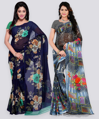 Anand Sarees Printed Daily Wear Georgette Saree(Pack of 2, Dark Blue, Black)
