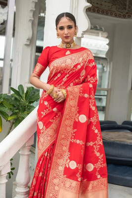 khanjan hub Embellished Banarasi Jacquard, Art Silk Saree(Red)