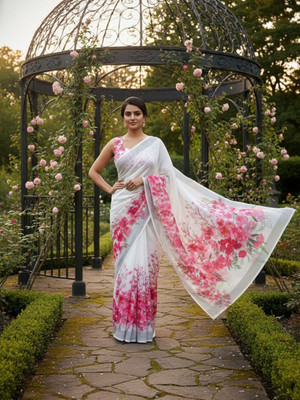 rujave Printed, Floral Print, Paisley Bollywood Linen Saree(White)