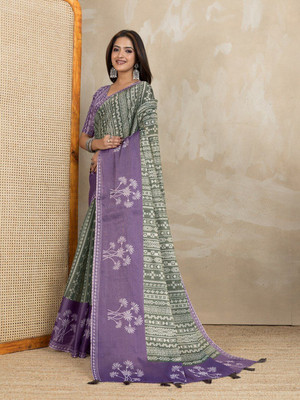 Laxmi Fashion Printed, Floral Print Assam Silk Jacquard, Cotton Silk Saree(Purple, Green)
