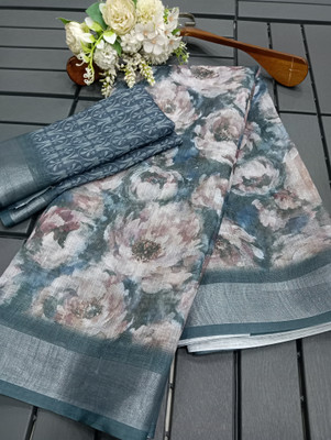 Tipiq Floral Print Kanjivaram Cotton Linen, Mulmul Saree(Multicolor)