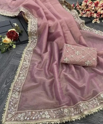 Solid Handloom Applique Saree with Attached Blouse Net, Tissue Saree(Pink)