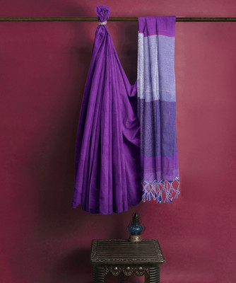 SAYAN CREATION Self Design, Temple Border Handloom Pure Cotton Saree(Purple)