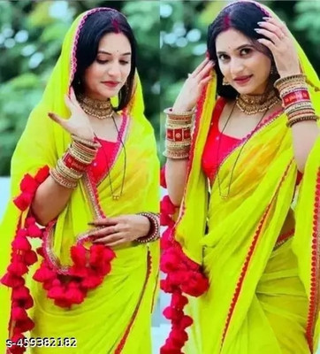 Vragi Embroidered Leheria Georgette Saree(Green)