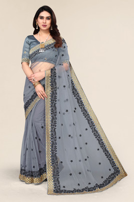 ALAGINI Embroidered Bollywood Net Saree(Grey)