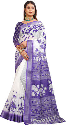 PRTRENDZ Printed Kanjivaram Pure Cotton, Cotton Linen Saree(White, Blue)