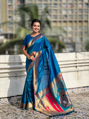 ROOP LAVANYA Woven Paithani Jacquard, Pure Silk Saree(Light Blue, Multicolor)