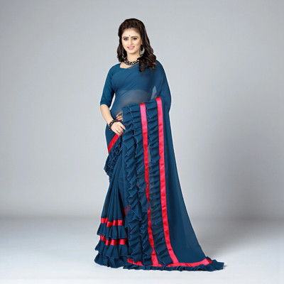 fFASHION Self Design, Striped, Solid/Plain, Embellished, Woven Bollywood Georgette Saree(Green)