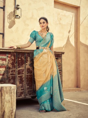 Tasrika Embroidered, Self Design Bollywood Jacquard, Silk Blend Saree(Beige, Light Blue)