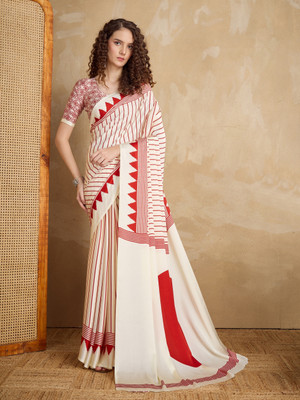SARETRA MALL Printed, Geometric Print Bollywood Satin Saree(Cream, Red)
