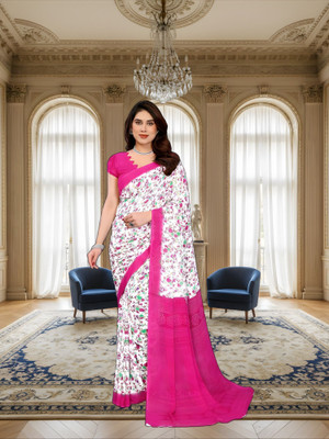 SmittenSmit Printed Bollywood Georgette Saree(White, Pink)