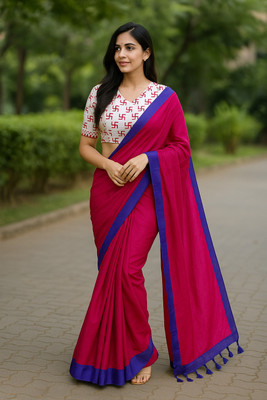 SMRITI HANDLOOM Solid/Plain Bollywood Handloom Pure Cotton Saree(Pink, Blue, White)