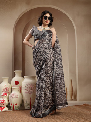 Stylum Floral Print, Printed Daily Wear Cotton Blend Saree(Black, Grey)