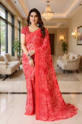 SmittenSmit Printed Bollywood Georgette Saree(Red)