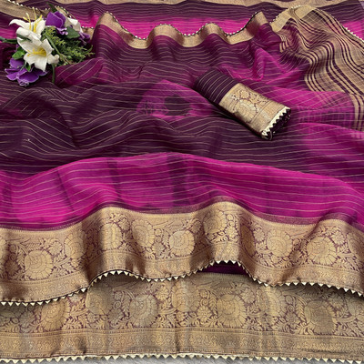 Adiyogi Enterprise Striped, Tie-Dye, Woven Bollywood Organza Saree(Black, Grey)