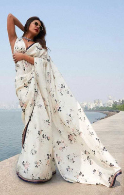MAANVIT Self Design Bollywood Linen, Cotton Linen Saree(White)