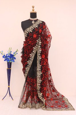 MADHAV Embroidered, Floral Print Bollywood Net Saree(Red)