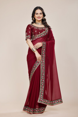 Tejal Creation Solid/Plain, Embroidered Bollywood Georgette Saree(Pack of 2, Maroon)