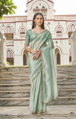 Banaras silk palace Embellished Banarasi Tissue Saree(Light Green)