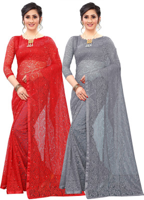 LOROFY Self Design Bollywood Net Saree(Pack of 2, Red, Grey)