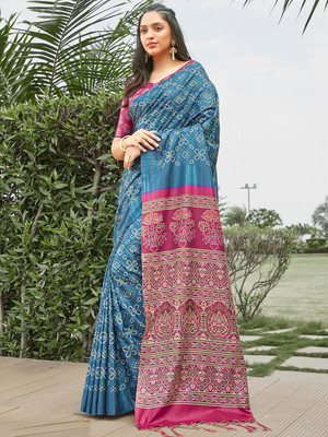 ANOUK Printed Bandhani Silk Blend Saree(Blue)