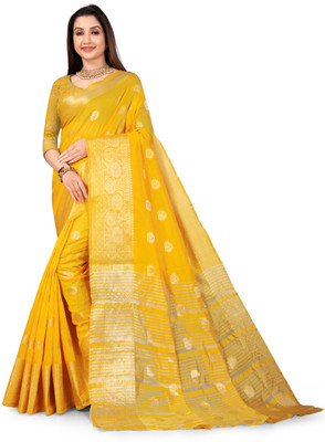 Hare Krishna Printed, Temple Border, Woven, Embellished, Solid/Plain Banarasi Cotton Silk, Art Silk Saree(Yellow)