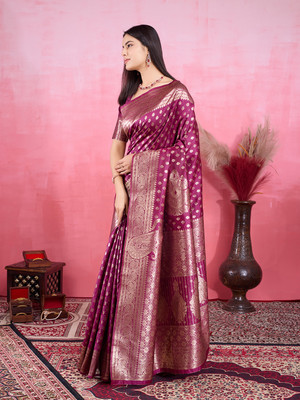 SIDDHESHWAR Self Design Assam Silk Lycra Blend Saree(Purple)