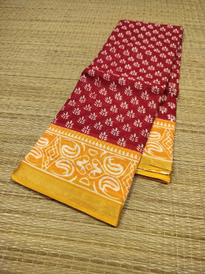 Sareestri Floral Print Chanderi Cotton Blend Saree(Red, Yellow)