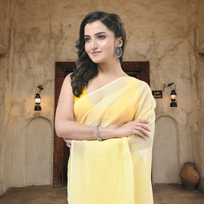 TANTLOOM Solid/Plain Handloom Handloom Pure Cotton Saree(Yellow)